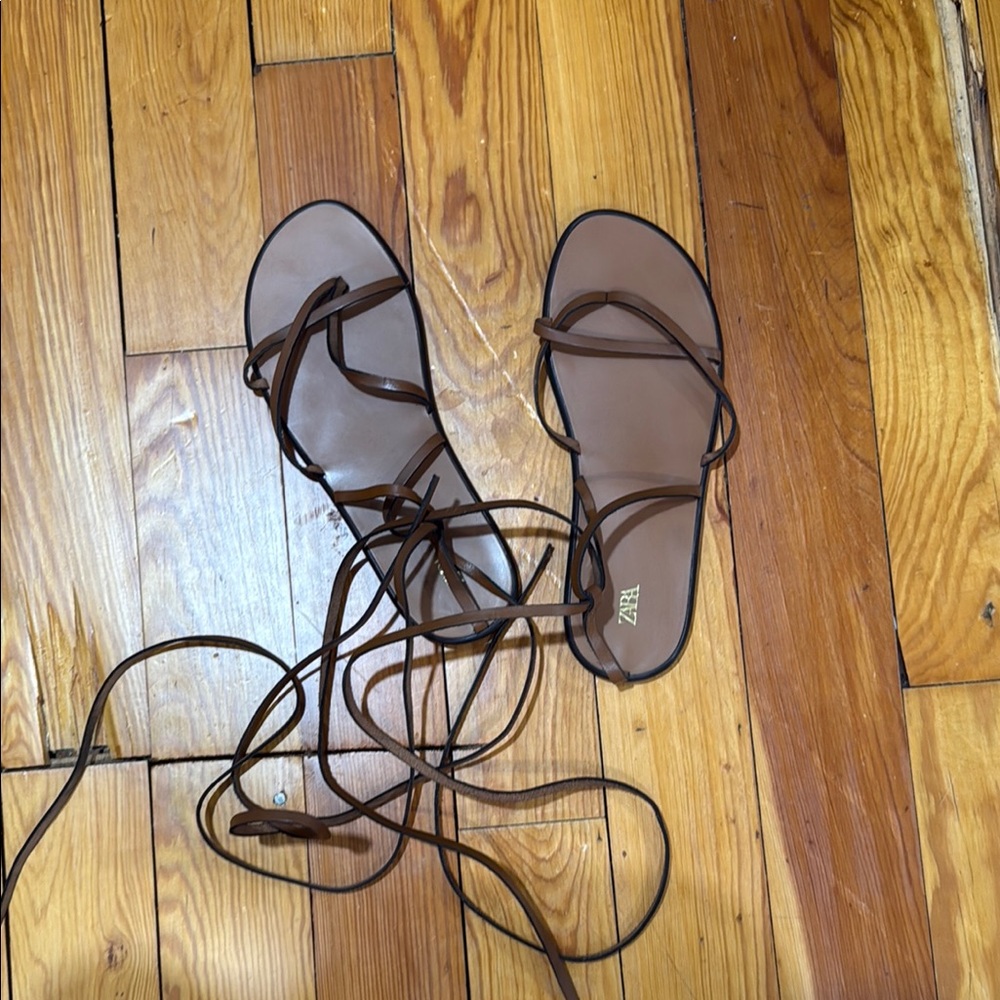Zara Brown Ankle-Wrap Sandals